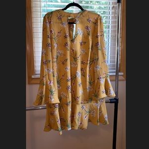 Yellow floral bell sleeve shirt dress